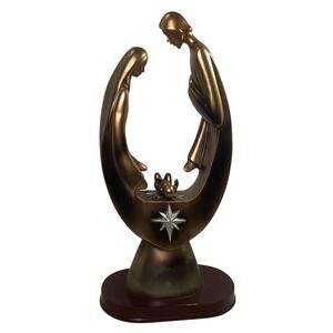 Joseph Mary Baby Jesus Nativity Scene Figurine Gold Religious Art Wood Base
